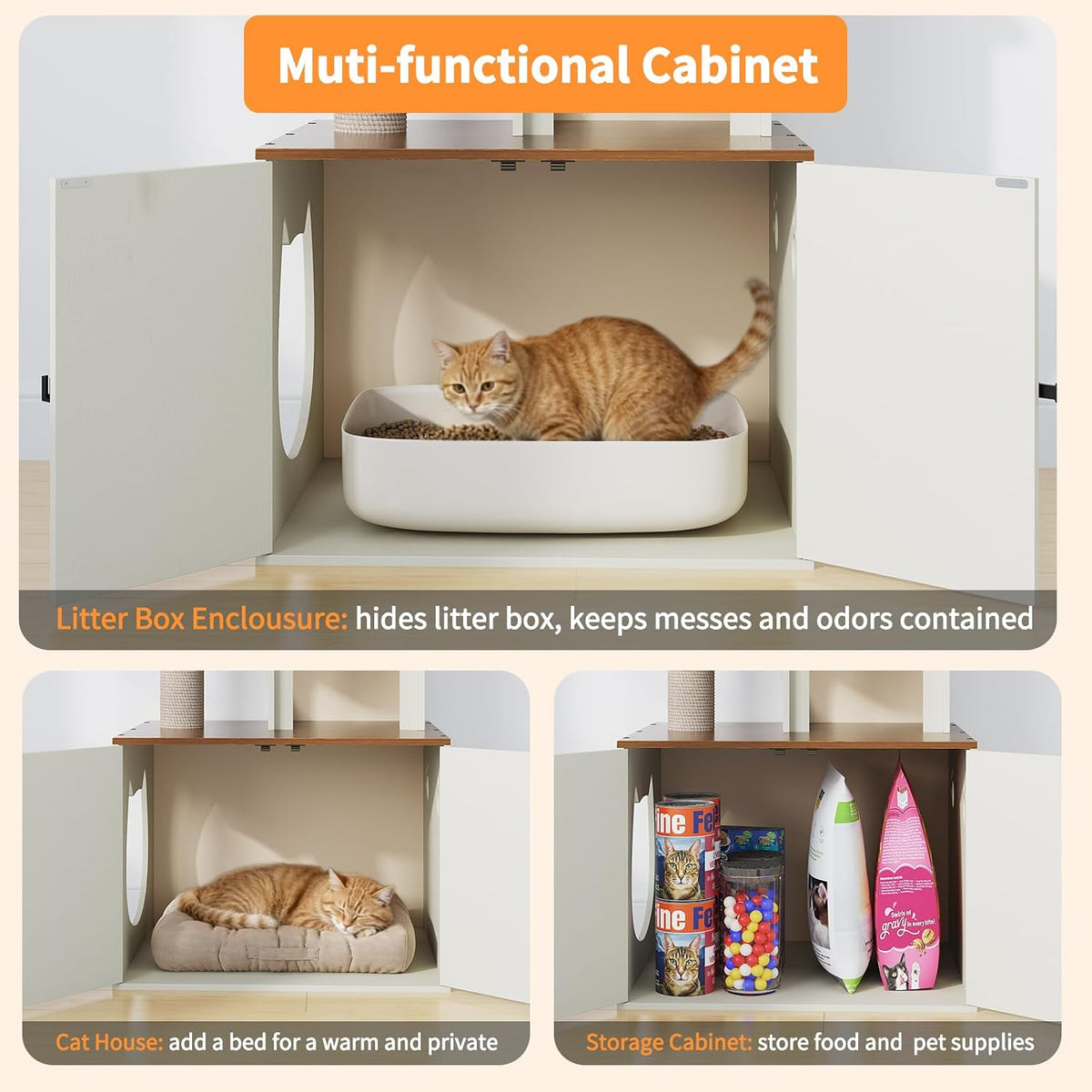 Halloween Cat Tree with Litter Box Enclosure, Hidden Litter Box Furniture with Cat Tower, Cat Tree with with Sisal Scratching Post,Hammocks,Condo,Multiple Platform,Soft Plush Perch, Hickory