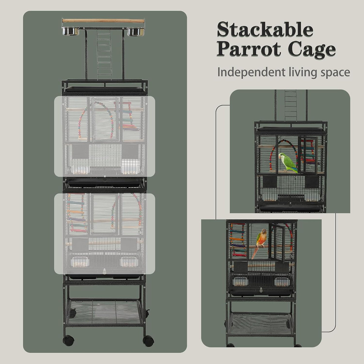 68" Double Bird Cage,Stackable Divided Parakeet Cage, Parrot Cages for Medium Birds with Bird cage Toys,Birdcage Seed Catcher,for Cockatiels Canaries Lovebirds Finches Budgies Small Parrots