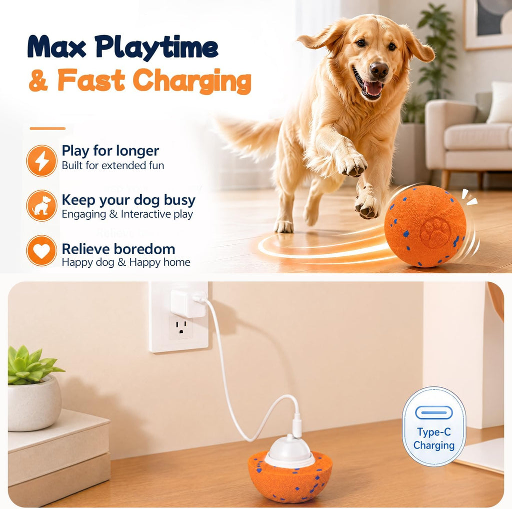 Interactive Moving Dog Toy Ball, 3 Automatic Bouncy Modes, Durable E-TPU Material for Chewing, Rechargeable and IPX7 Waterproof, Enrichment Smart Fetch Toy for Medium Large Dogs (Orange)