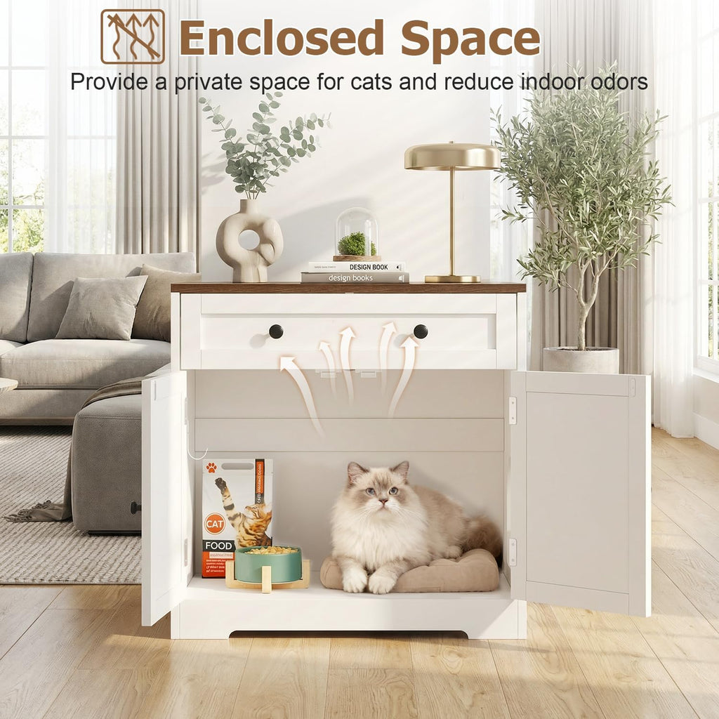 Cat Litter Box Enclosure with Storage Drawers, Hidden Litter Box Wooden Furniture, Modern Farmhouse Indoor Cat House, Multifunctional Side Table, White
