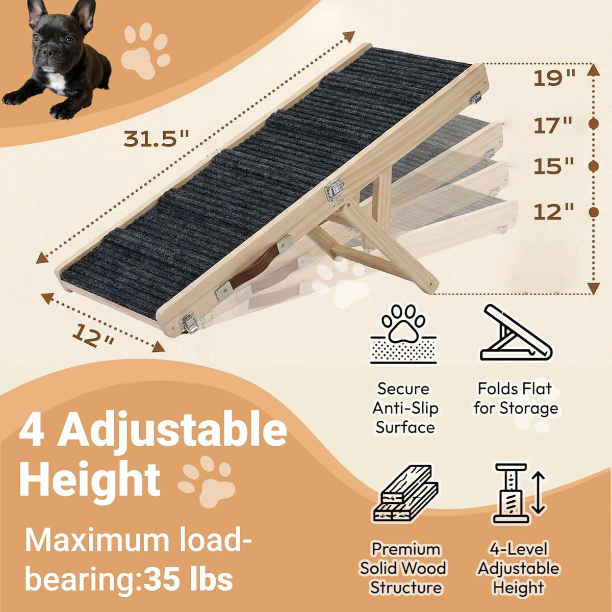 Dog Ramp for Couch & Bed for Small Dogs, Foldable Small Dog Ramps for Sofa - 31.5" LX12 W, 4 Adjustable Height, Portable, Stable, Non-Slip, Carry Handle