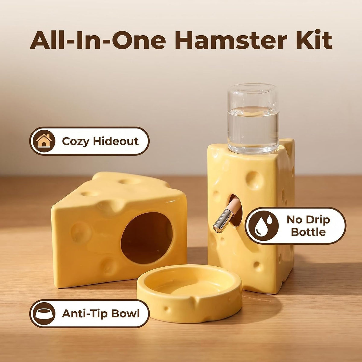 Hamster Cage Accessories Cheese Shaped Cooling Ceramic Hideout Set, 4-Piece Small Pet Supplies with 125ml No Drip Water Bottle, Anti-Tip Food Bowl for Syrian Dwarf Hamster Gerbil Hedgehog Cage Decor