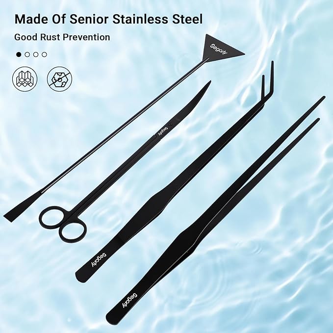 Segarty Longer Aquarium Aquascaping Tools, 4 in 1 Stainless Steel Black - Image 3
