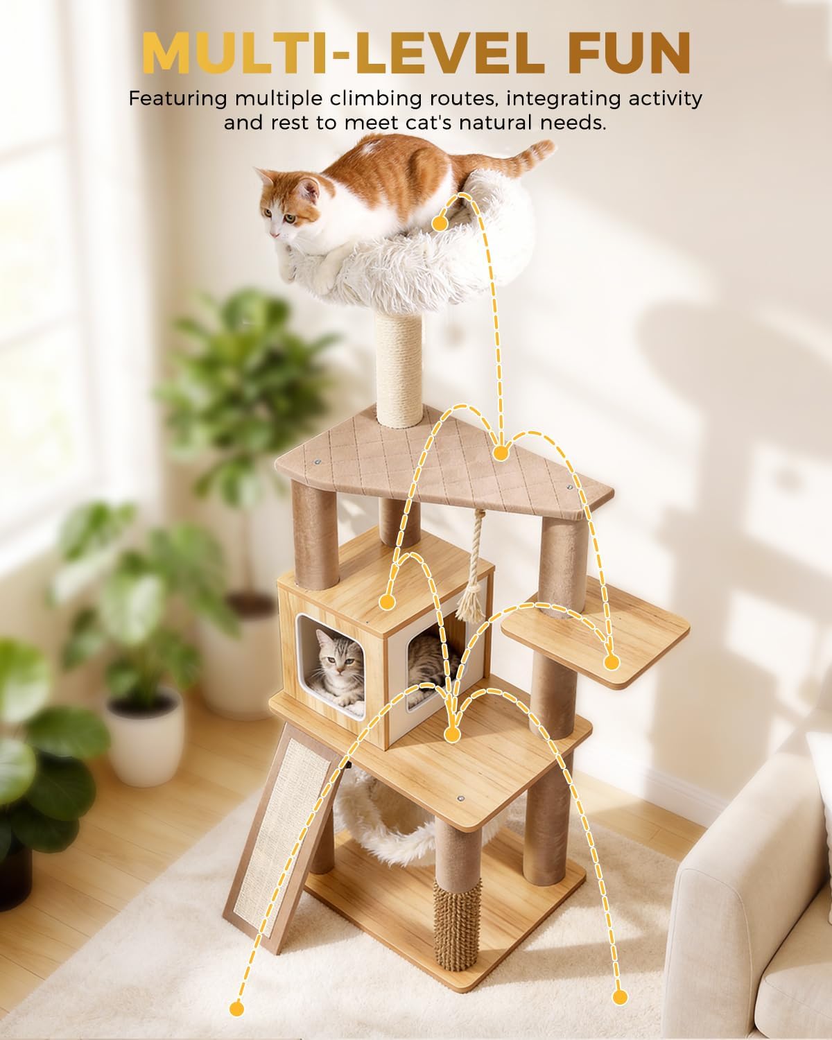 61" Modern Cat Tree, Tall Cat Tower with Self-Grooming Brush