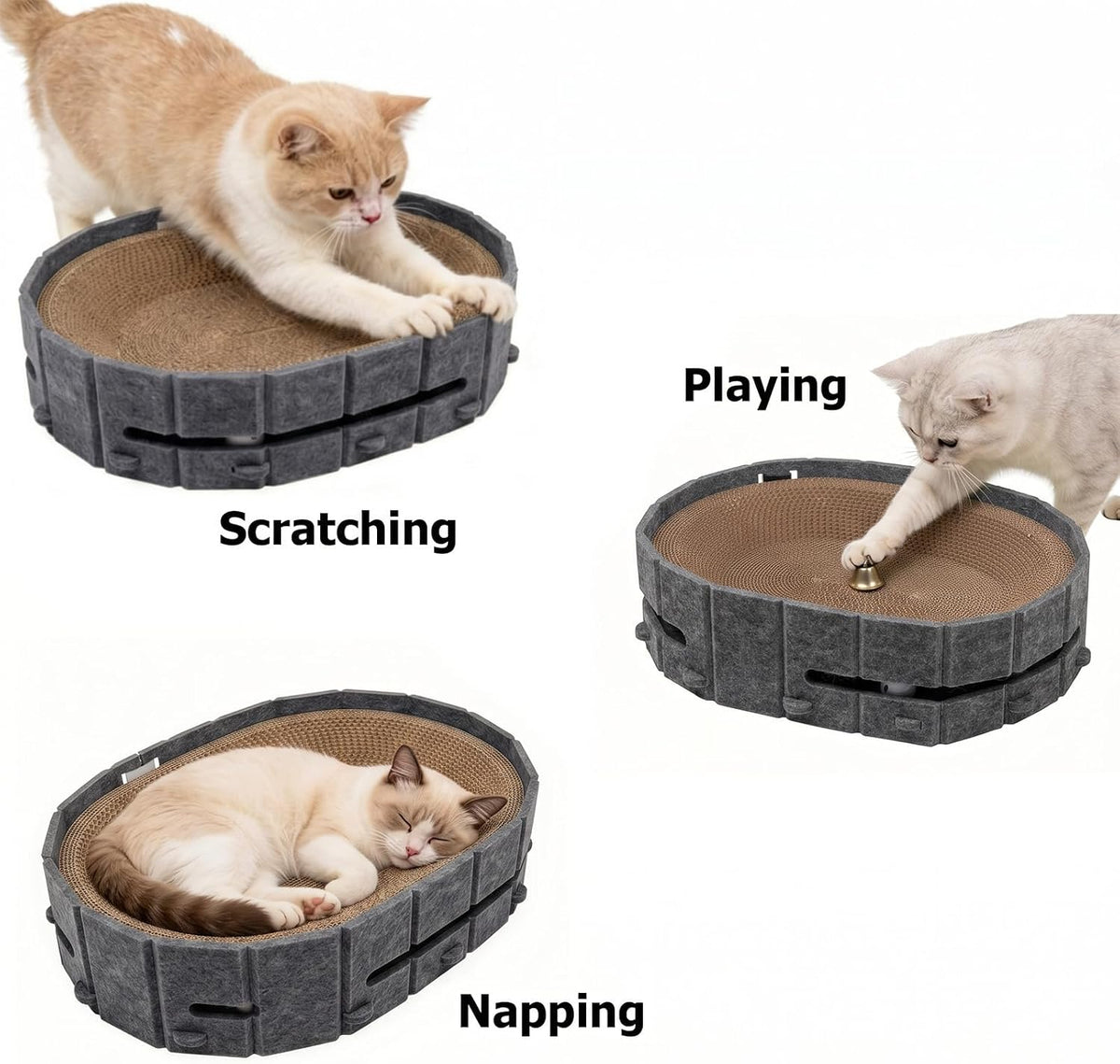 Interactive Cat Scratcher Lounge Bed Heavy Duty Corrugated Cardboard Cat Scratching Pad Bowl with Built-in Track & 2 Bell Balls for Indoor Cats Claw Care and Rest Cat Scratching Bowl, Grey