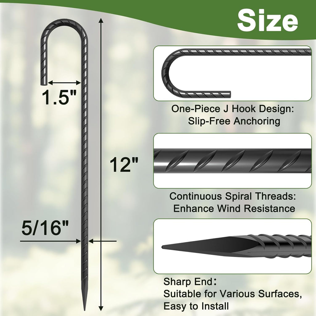 12 Inch J Hook Rebar Stakes 16 Pcs, Heavy Duty Metal Tent Stakes