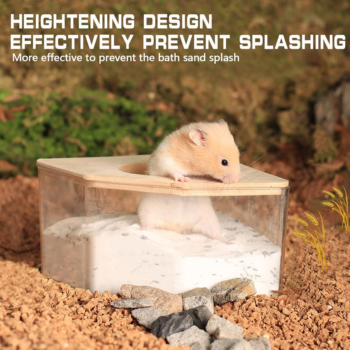 Hamster Sand Bath, Pentagon Acrylic Hamster Dig Box with Wood Cover, Sand Bath for Hamsters, Small Animals