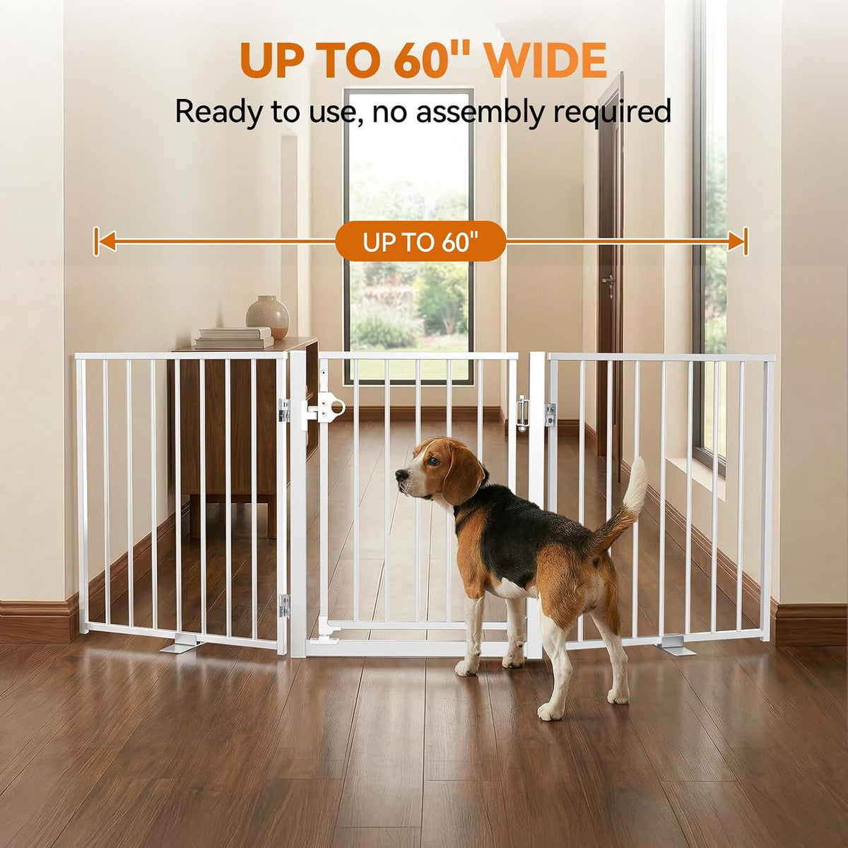 BFNN 60" W Free Standing Dog Gate Indoor for Doorways, Extra Wide Metal Foldable Pet Gate with Walk-Thru Door, 24" Tall Puppy Fence for Stairs, Outdoor, No Drill Barrier for Small & Medium Dogs