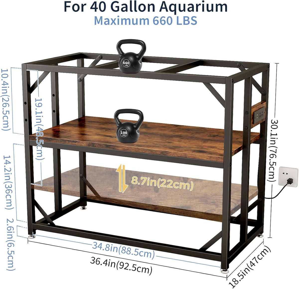 METYERRY 40 Gallon Fish Tank Stand with Power Outlet,Adjustable Shelf