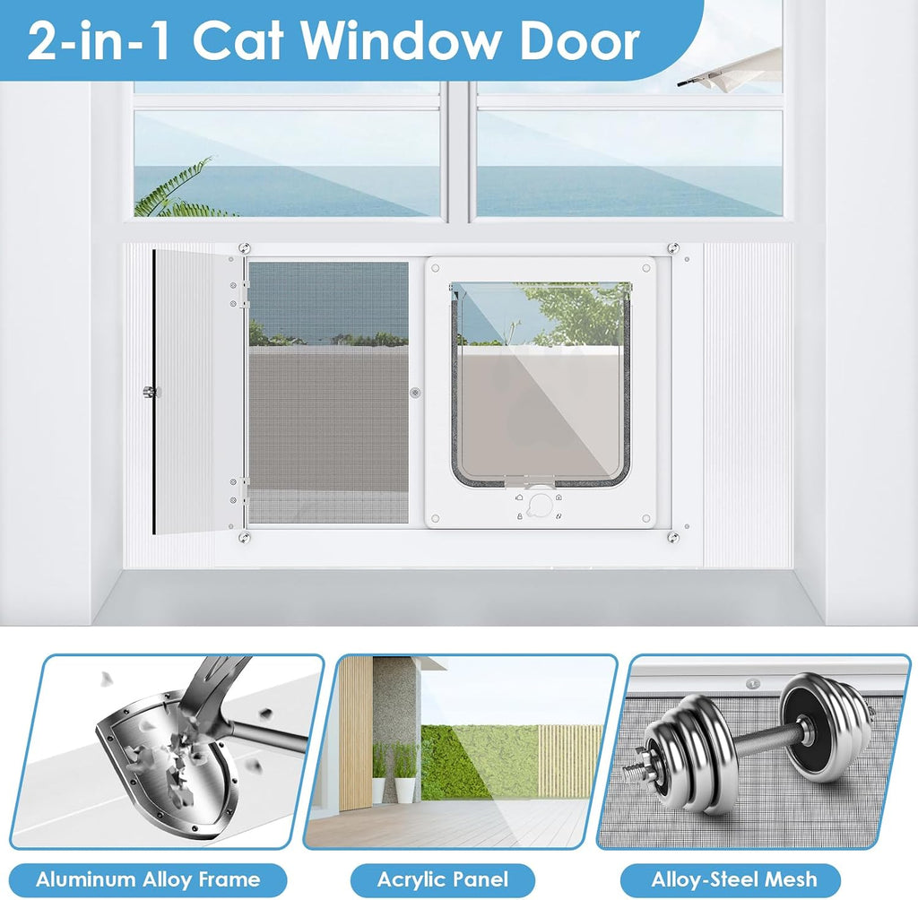 2-in-1 Cat Door for Window with Acrylic Panel, Rainproof & Ventilation Dual Modes, Adjustable Width of 28"-32" for Sliding Windows, Weather Resistant Window Cat Door Insert