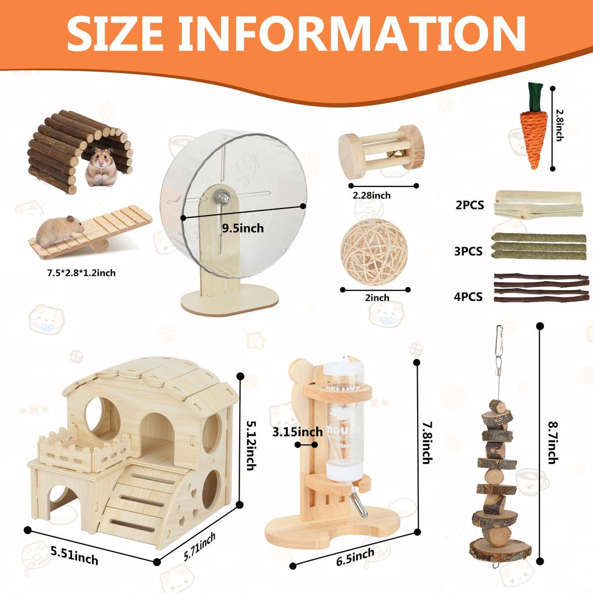 Hamster Cage Accessories, Silent Hamster Wheel, 16 Chew Toys Set, Maze Wood House and Water Bottle Set for Rat Mice Small Animals Habitat，Chewable Strings, Bell Drum, Seesaws, and Bridges (Foundation)