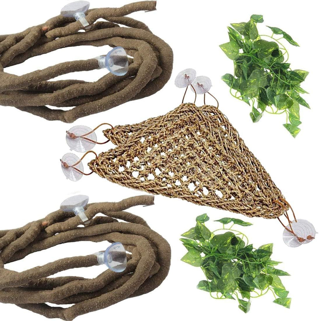 PINVNBY Bearded Dragon Hammock Jungle Climber Vines Flexible Reptile Leaves with Suction Cups Habitat Decor for Climbing, Chameleon, Lizards, Gecko, and Snakes（6 PCS）