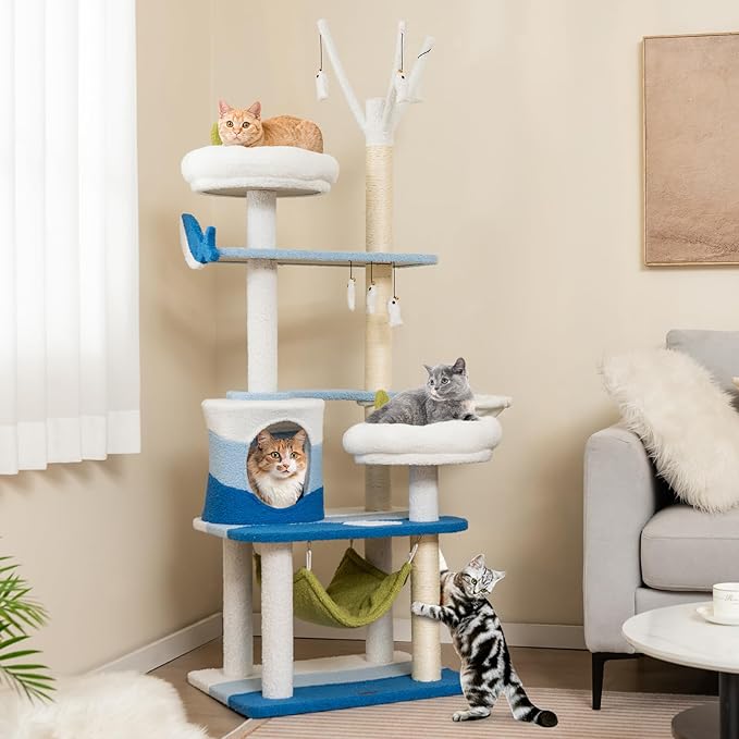 Tangkula Ocean-Themed Cat Tree, Jump Platforms, Hanging Interactive Toys - Image 2