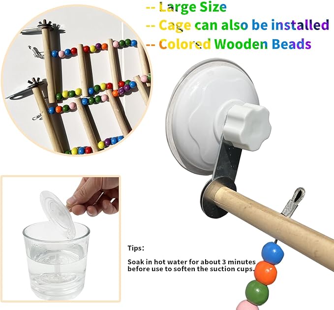 FlidRunest Suction Cup Wooden Bird Perch Stand Toy, Colorful Bird Parrot Ladder - Image 6
