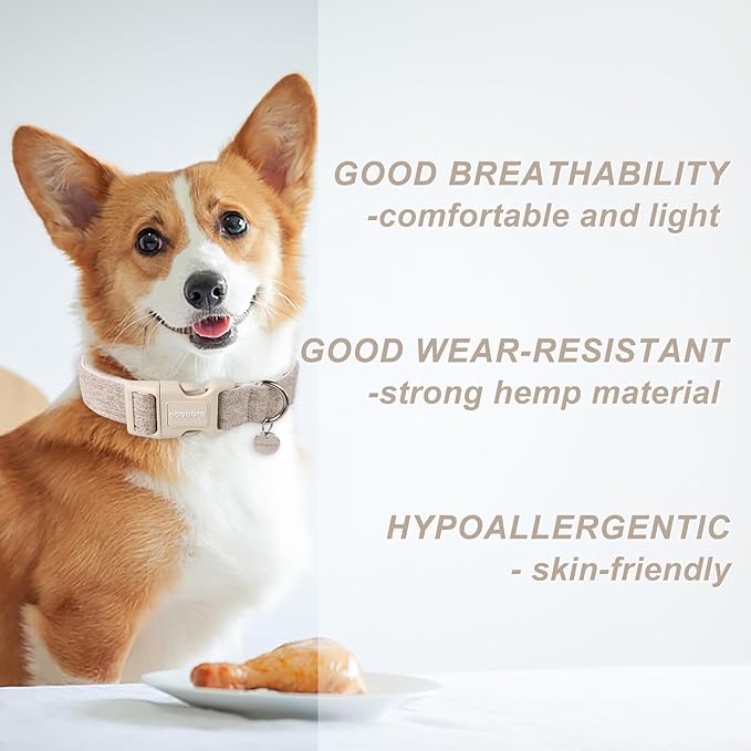 DOGWONG Cotton Hemp Dog Collar, Heavy-Duty Khaki Dog Collar Adjustable Soft - Image 4