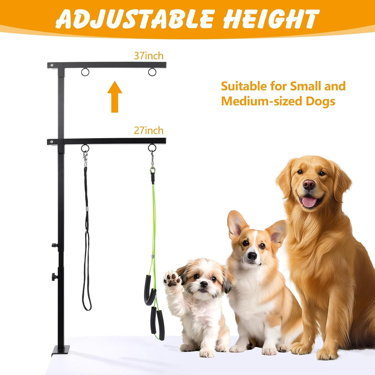 Dog Grooming Arm with Hammock, Adjustable 27-37", Dual Clamp
