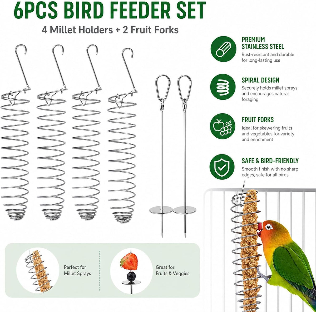 6PCS Millet Holder for Bird Cage, Feeder Set with Fruit Forks,Multi‑Feeder Combination, Foraging Accessory, Fits Small Cages, Simple Hook Mounting, Solid Bird Treat Rack