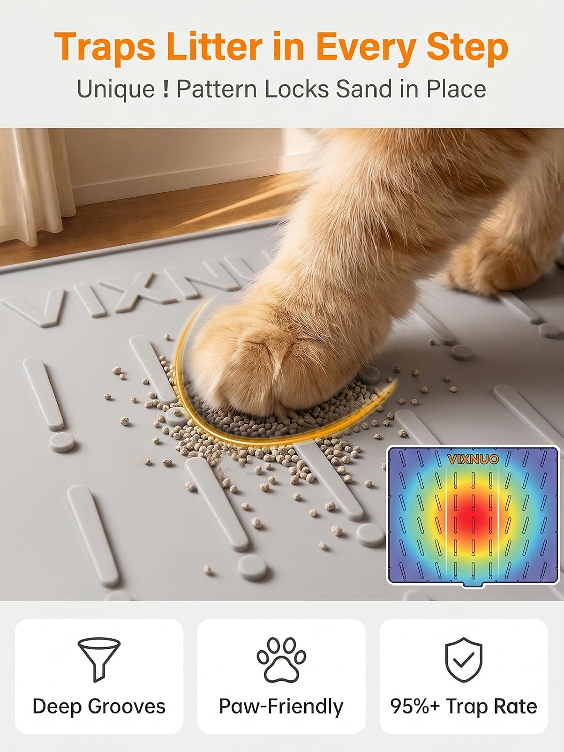 Silicone Cat Litter Mat Large 47"x37", Traps Litte&Easy to Clean，Gray