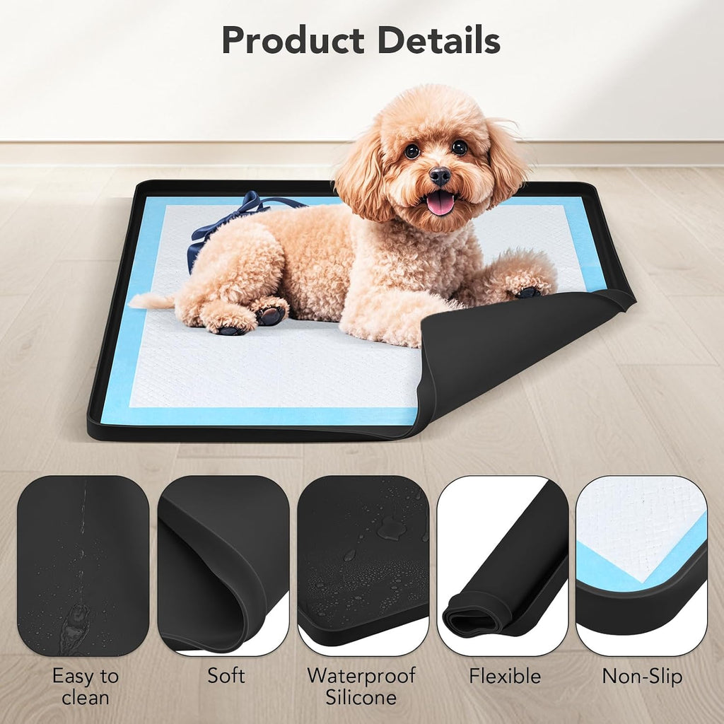 Pee Pad Holder for Dogs, Dog and Puppy Pee Pads Holder, 24"x24" Non-Slip & Leak-Proof & Portable Silicone Mat with Raised Edge Design, Square Puppy Potty Training Tray for Home Floor Protection(Black)