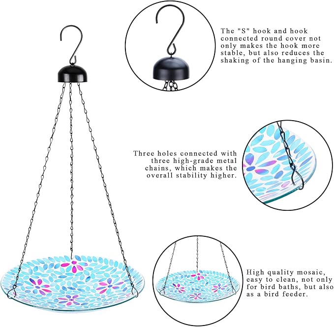 VCUTEKA Hanging Bird Bath, Glass Mosaic Bird Baths - Image 7