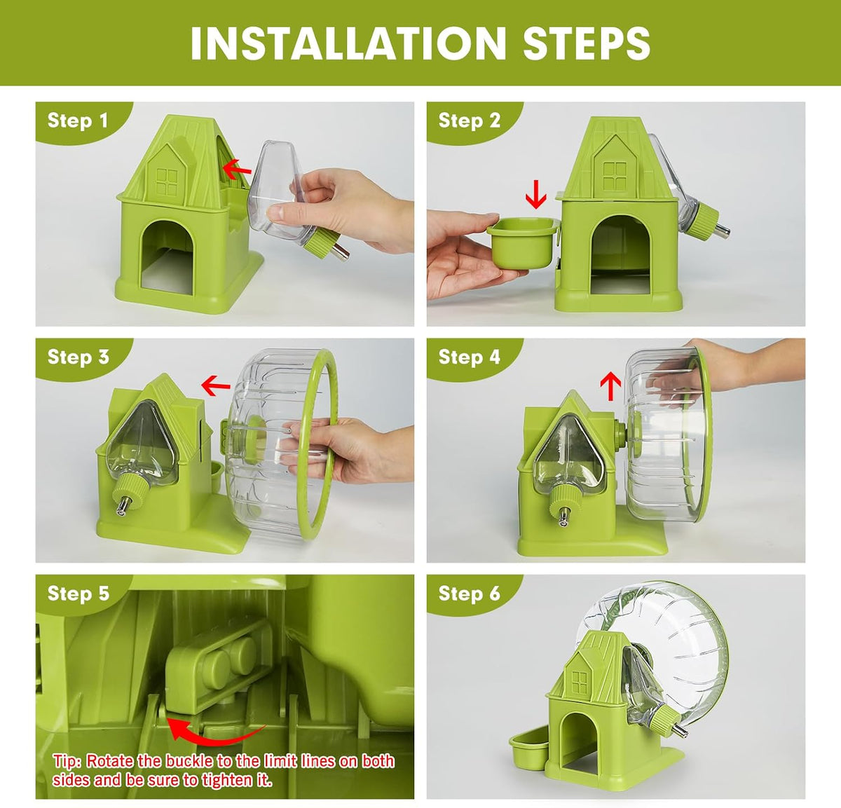 VANNON 4 in 1 Quiet Hamster Exercise Wheel, Multi Functional Hamster House with Running Wheel, Water Bottle, Food Bowl and Hideout, Small Animals Exercise Running Toys for Hamsters Gerbils Mice, Green