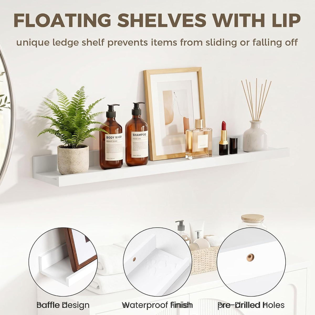 Picture Ledge Shelf, 28'' White Floating Shelves with Lip Set of 2