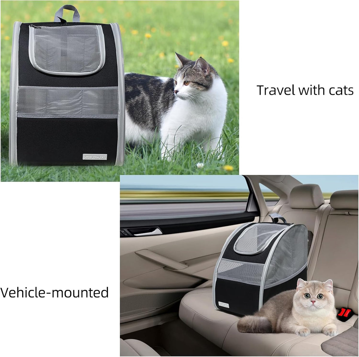 Cat Carrier Backpack with Reflector with Safety Leash Up to 15Lbs,Pet Carrier for Small Dogs and Medium Cats Kitten Puppy Bunny,Foldable Small Medium Dog Travel Carrier Backpack,Black