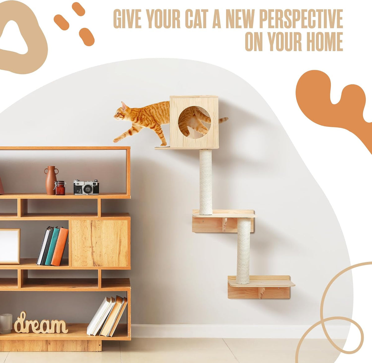 Wall Mounted Cat Tree, Cat Wall Climber, Kitty Climbing Shelves 51 x 35 in