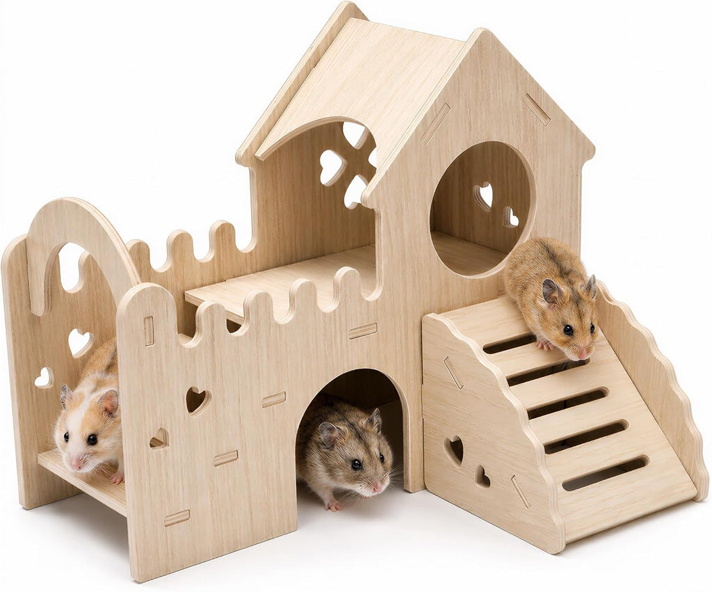 Wooden Hamster & Guinea Pig Castle Hideout, Double-Decker Maze Hut