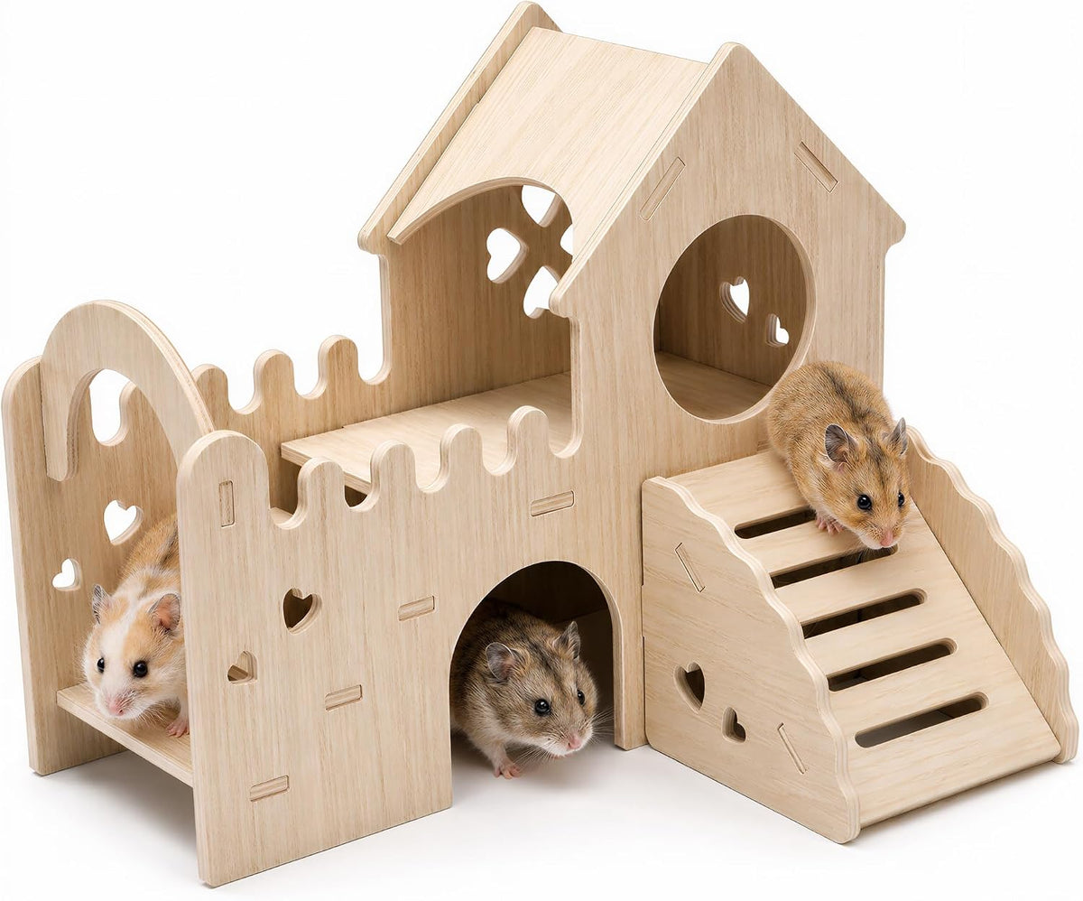 Wooden Hamster & Guinea Pig Castle Hideout, Double-Decker Maze Hut