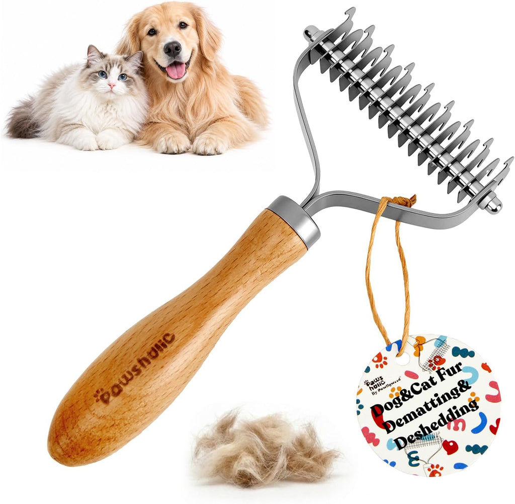 Undercoat Rake for Dogs - Professional Pet Shedding Dematting Comb with Wood Handle, Stainless Steel Blades for Pet Cats Dogs Matted Hair Tangles Removing