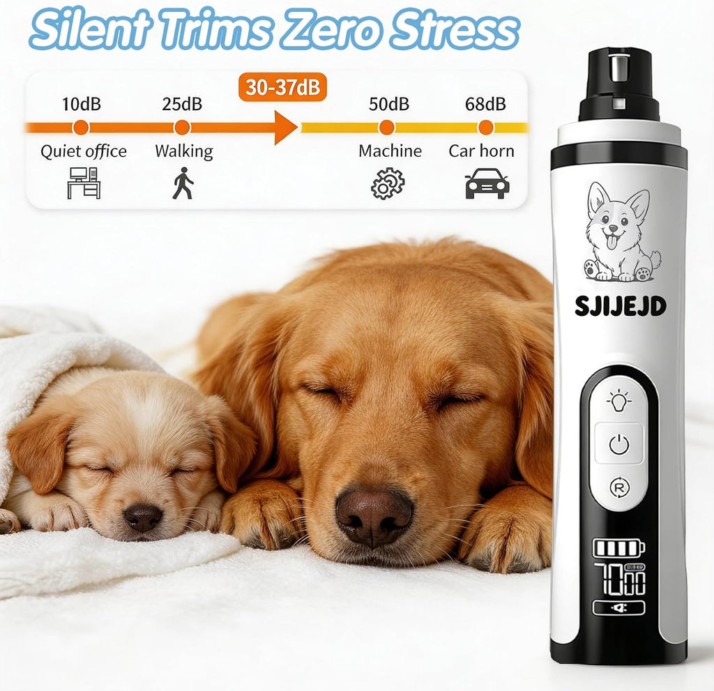 Upgraded Silent Dog Nail Grinder Quiet, Cordless Grooming Pro Nail with 3 Adjustable Speeds & Led Light Whisper Quiet Claw Trimmer for Dogs, Cats and Other Animals (2 Replacement Heads)