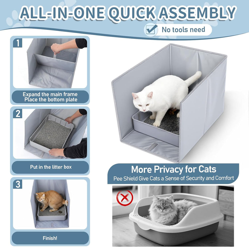 Kifmurase Foldable Cat Litter Box Enclosure, All-in-One Box Splash Guard for Pet Litter Pan, Open Top Side Shield Pad with 2 Hooks for Scoop and Removable Mat, Easy Clean Pee Pad Holder, 24x17x16 Inch