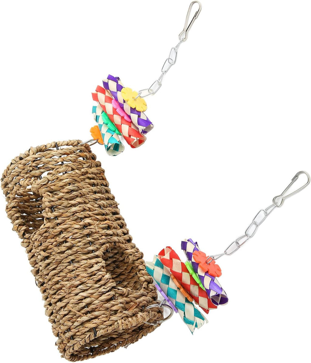 Grass Tunnel Toy Hanging Hideout for Birds and Small Animals with Seagrass Rope Bamboo Pieces and Colorful Tubes for Chewing Perching Sleeping
