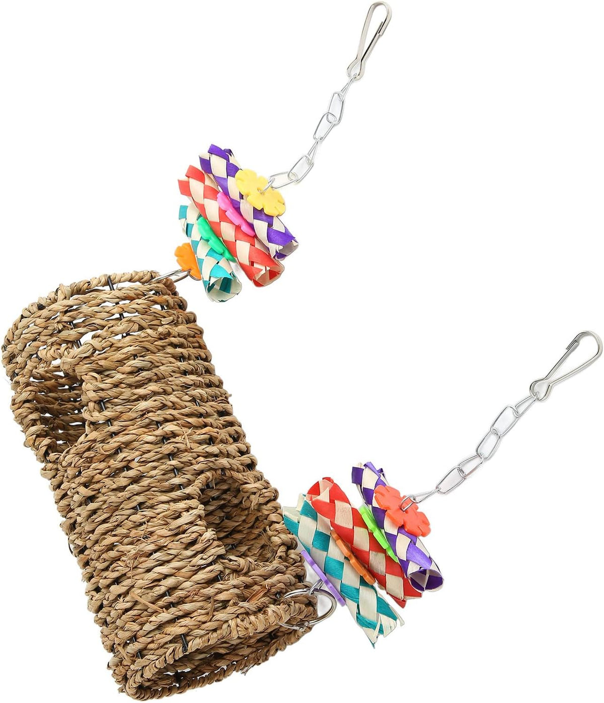 Grass Tunnel Toy Hanging Hideout for Birds and Small Animals with Seagrass Rope Bamboo Pieces and Colorful Tubes for Chewing Perching Sleeping