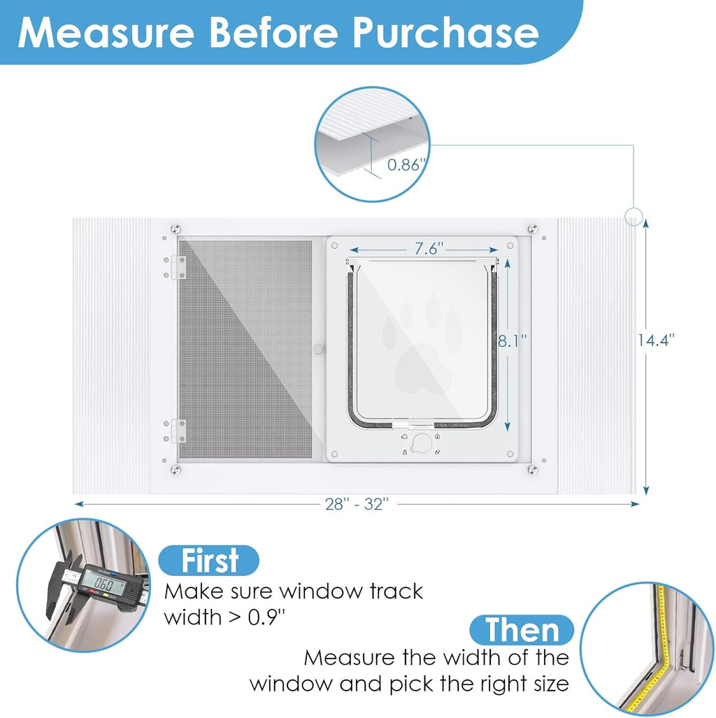 2-in-1 Cat Door for Window with Acrylic Panel, Rainproof & Ventilation Dual Modes, Adjustable Width of 28"-32" for Sliding Windows, Weather Resistant Window Cat Door Insert