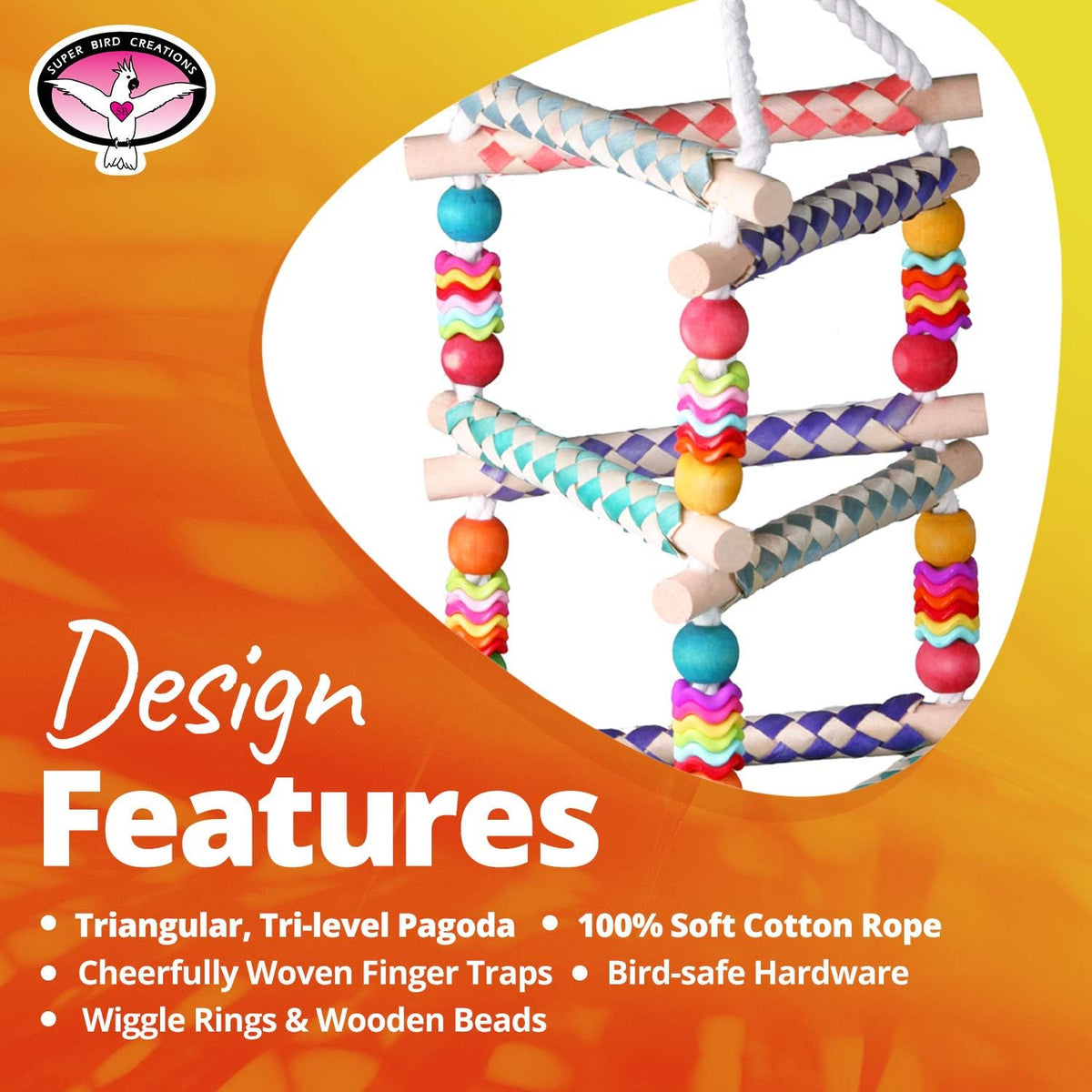 Super Bird Creations SB51113 Finger Trap Pagoda Bird Toy - Satisfies Chewing for Canary Finch Parrotlets Cockatiels - Vibrant Design with Cotton Rope, Beads, & Rings - Medium Size Birds, 14.5"x7"x7"