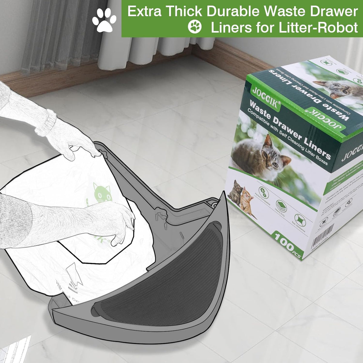 Cat Litter Box Liner Compatible with Litter Box Robot 4 & 3, Waste Bags 100 Pack, Waste Drawer Liners Heavy Duty White