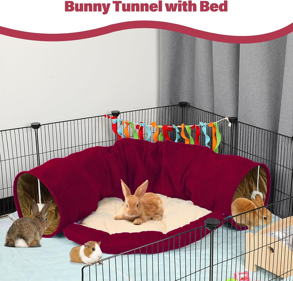 Bunny Tunnel Bed, 2-in-1 Collapsible Rabbit Tunnel Hideout with Mat