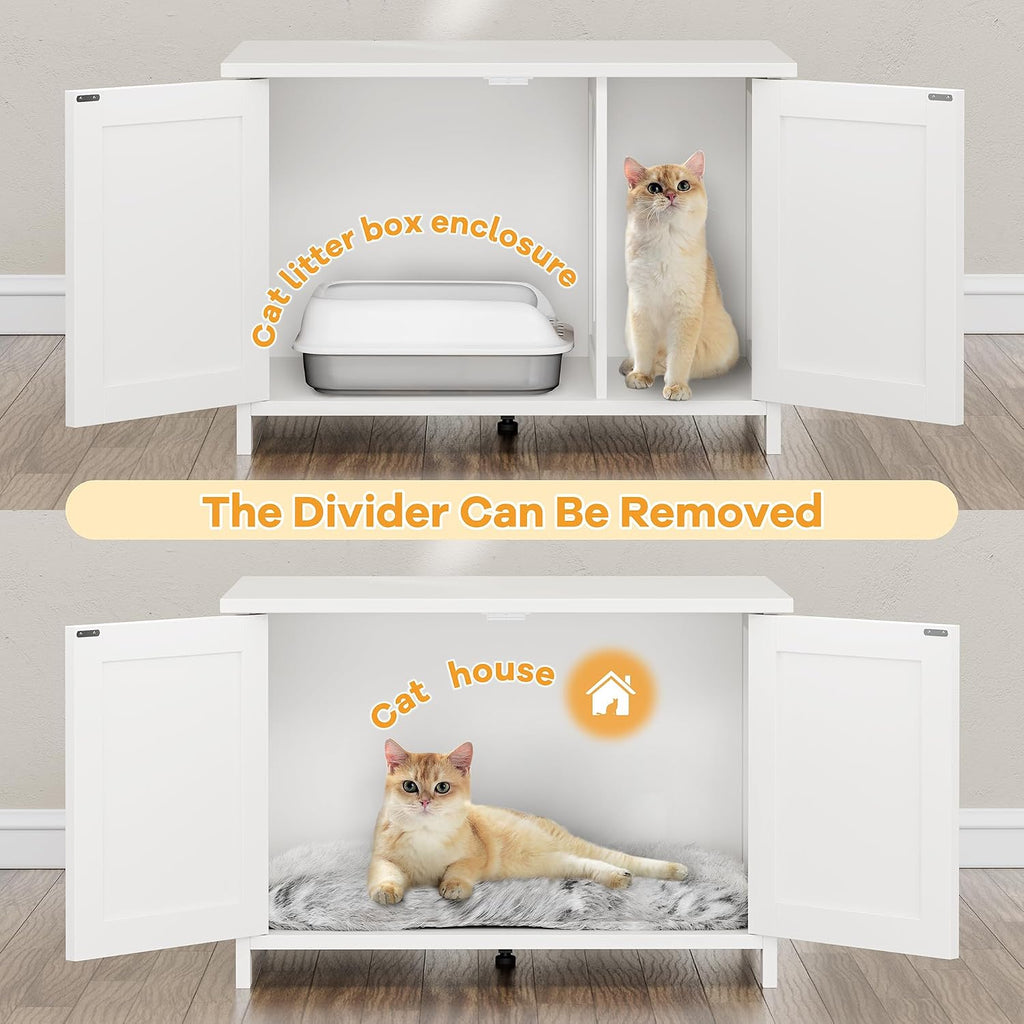 Shintenchi 31.5 inch Cat Litter Box Enclosure, Litter Box Furniture Cabinet Hidden with Removable Divider, Wooden Cat House with End Table, White