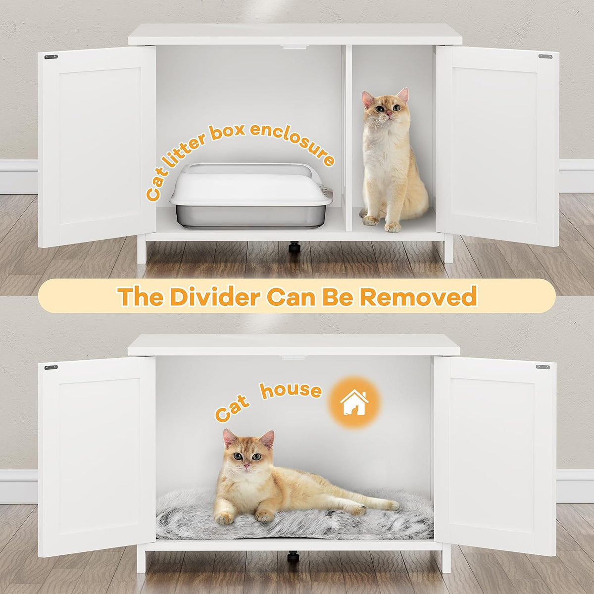 Shintenchi 31.5 inch Cat Litter Box Enclosure, Litter Box Furniture Cabinet Hidden with Removable Divider, Wooden Cat House with End Table, White