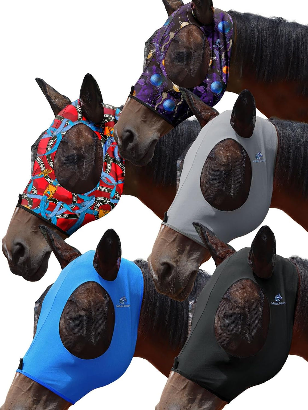 Mask Tech 5 Pieces Horse Fly Masks with Ears, Stretchy Elastic Mesh Fly Masks, 3D Eye Clearance, UV Protection-Large,Combo 21