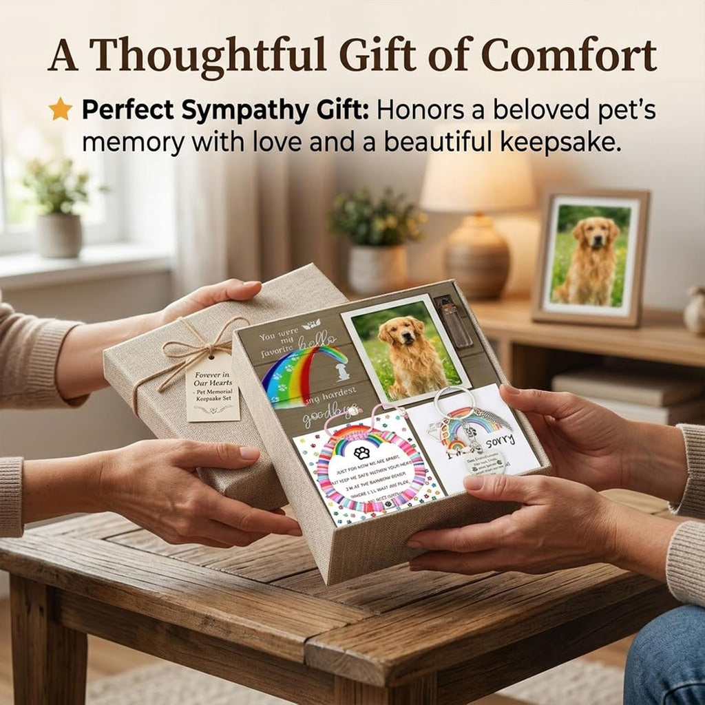 Rainbow Bridge Dog Memorial Gifts for Loss of Dog - Rainbow Bridge Pet Memorial Picture Frame Set with Fur Jar, Bracelet & Keychain - Sympathy Remembrance Keepsake for Pet Lovers