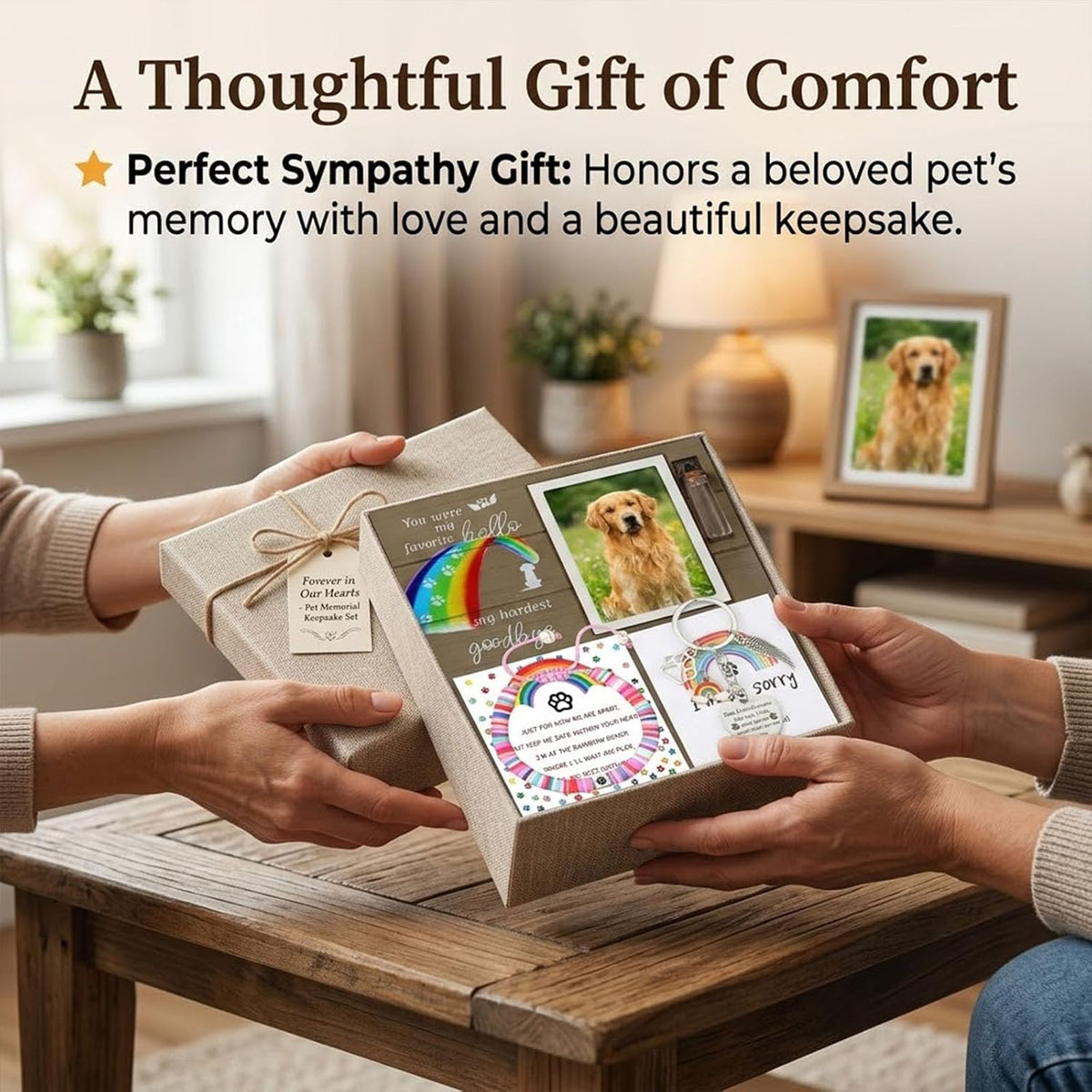 Rainbow Bridge Dog Memorial Gifts for Loss of Dog - Rainbow Bridge Pet Memorial Picture Frame Set with Fur Jar, Bracelet & Keychain - Sympathy Remembrance Keepsake for Pet Lovers