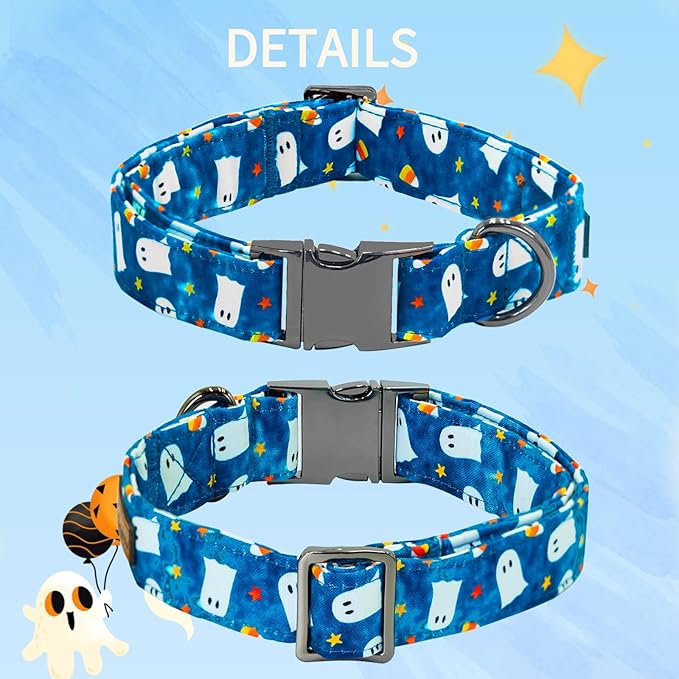 Halloween Dog Collar, Ghost Print Adjustable Pet Collar Blue Cute Cotton Soft - Image 4