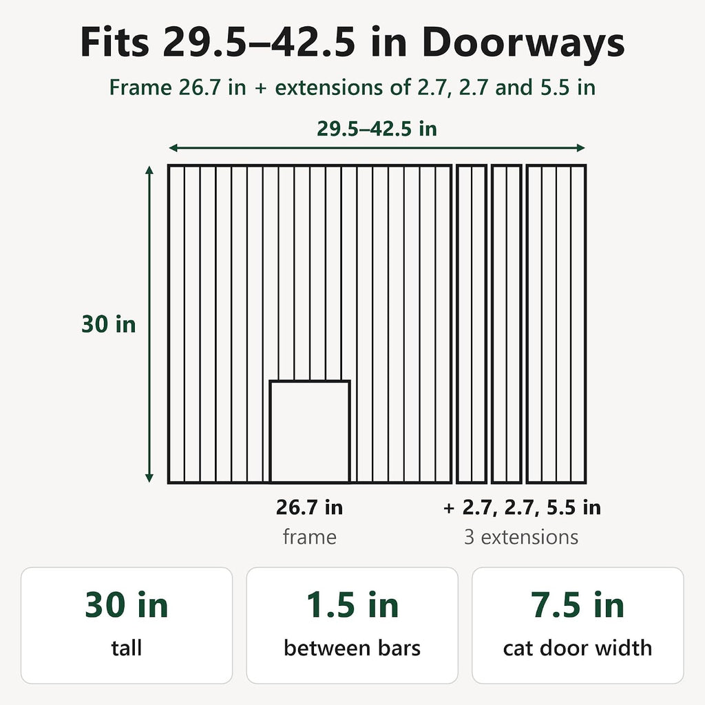 Dog Gate with Adjustable Cat Door, 29.5-42.5 in Wide, Black