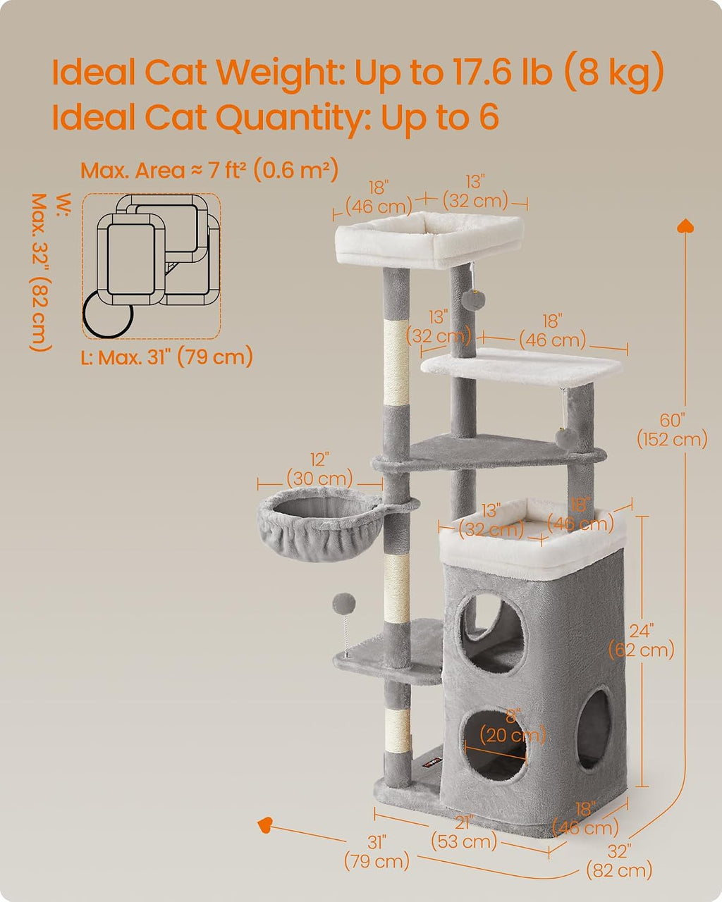 Feandrea Cat Tree Indoor, 60" Multiple-Level Plush Cat Tower, Dove Gray