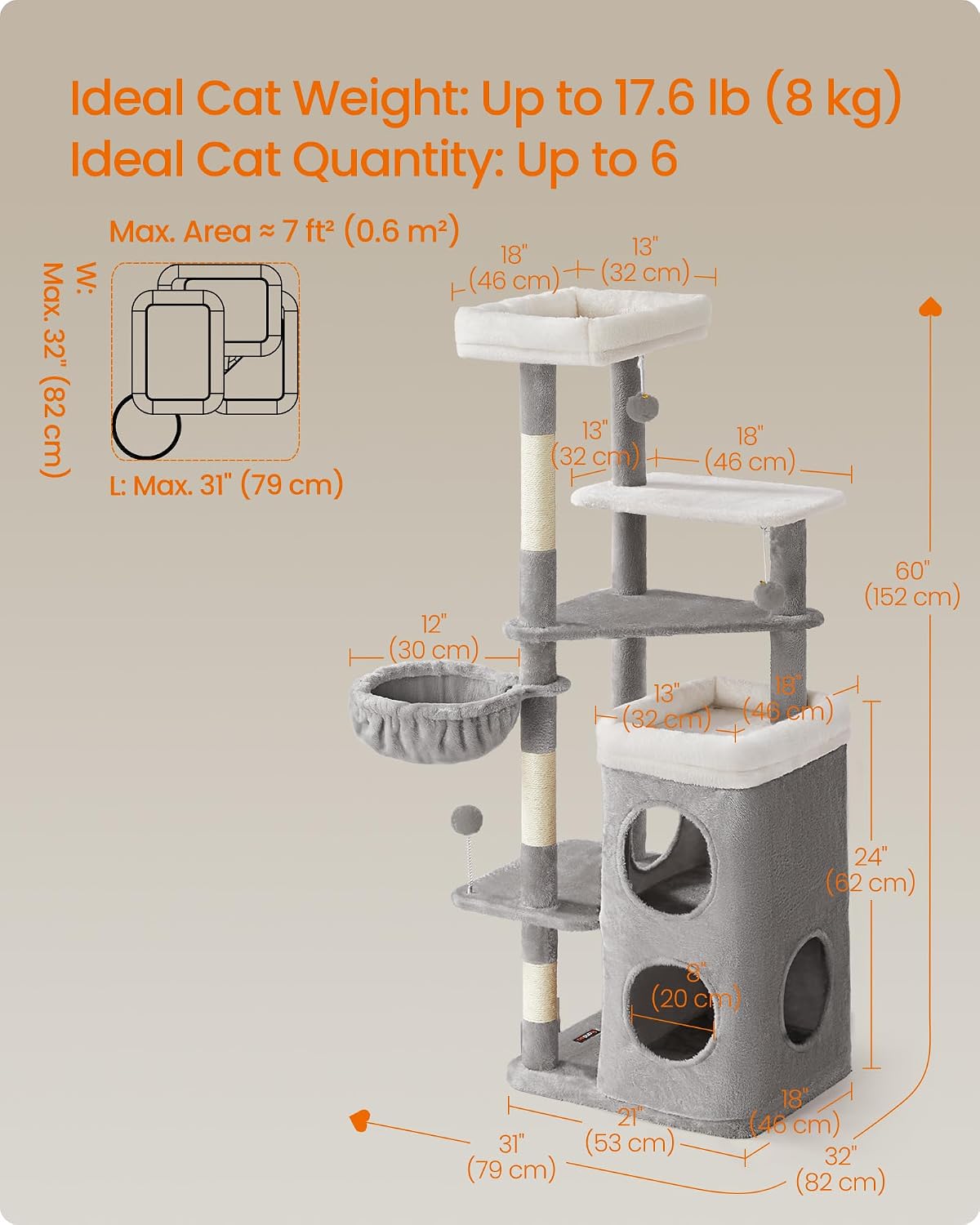 Feandrea Cat Tree Indoor, 60" Multiple-Level Plush Cat Tower, Dove Gray