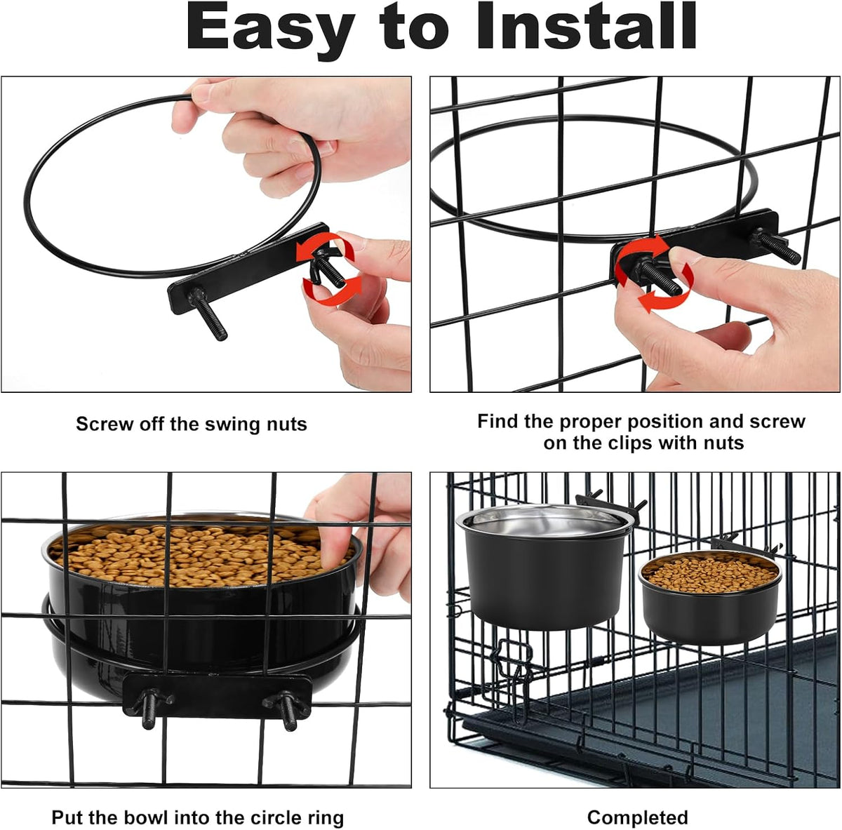 Crate Dog Bowls for Large Dogs, Removable Stainless Steel Dog Bowls for Food and Water, Pet Kennel Hanging Food Water Feeder Station for Medium/Large Pets, (7.1"x3.7" & 7.1"*2.6", Black)