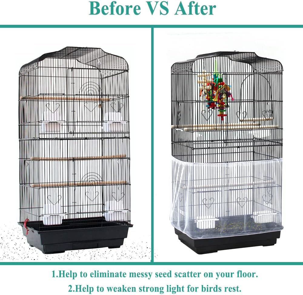 ASOCEA Bird Cage Seed Cather and 2Pack Bird Food Stainless Steel Cups Universal Adjustable Birdcage Cover Skirt Nylon Mesh Netting Parrot Parakeet Macaw African Round Square Cages Cover